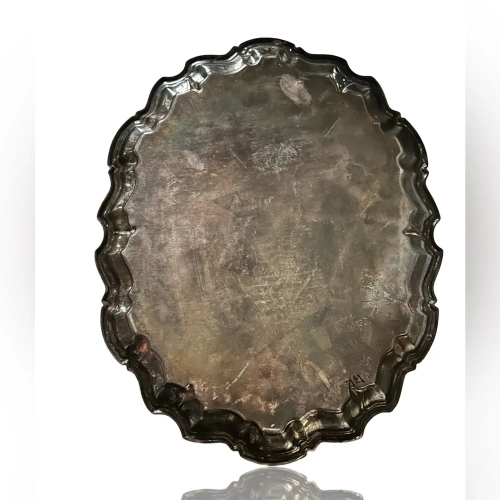 Vintage Genuine Silver Floral-Etched Bathroom Decor Oval Vanity Tray.